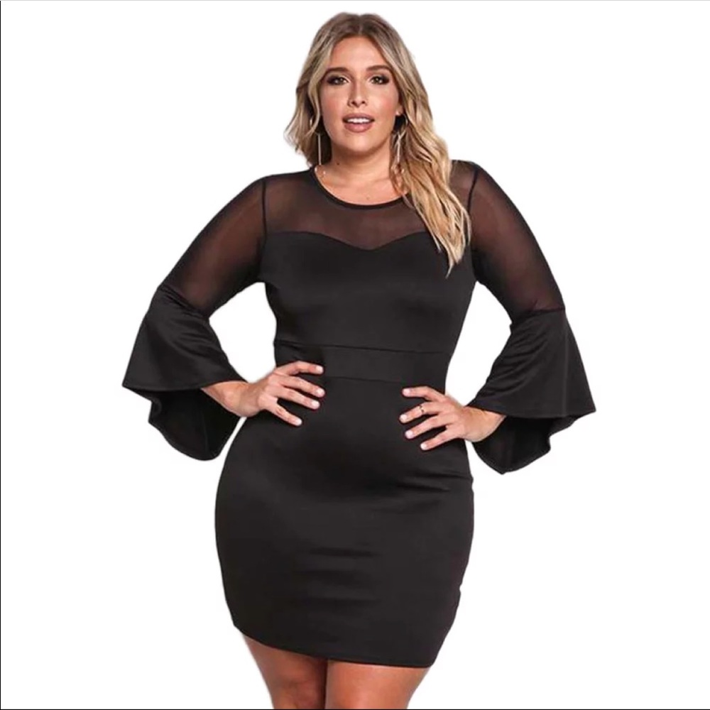 bell sleeve black mini cocktail dress